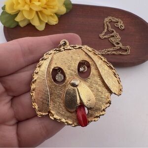 VINTAGE XL GOLD DOG 
PENDANT NECKLACE WITH DIAMOND EYES AND A RED TONGUE 🐶